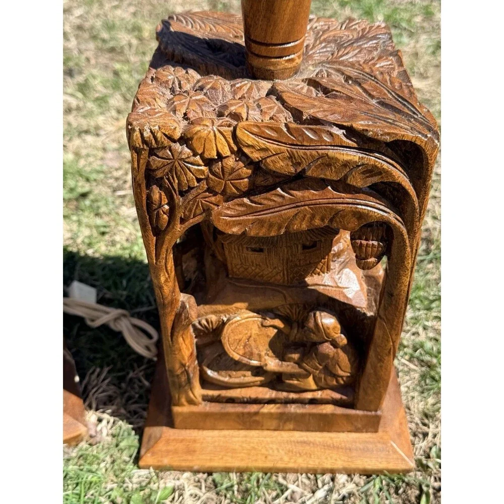 2 Vintage Rare Hand Carved Teakwood Table Lamps Tropical Farm Village Scene